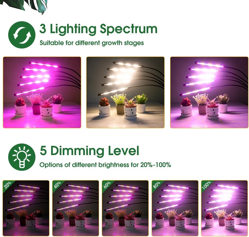 wolezek Grow Lights for Indoor Plants, 100 LEDs Full Spectrum Plant Lights for Indoor Growing with Adjustable Stand, 5-Heads Grow Lamp with Auto 6/12/16H Timer, 3 Light Modes, 5 Levels Dimmable - Image 3